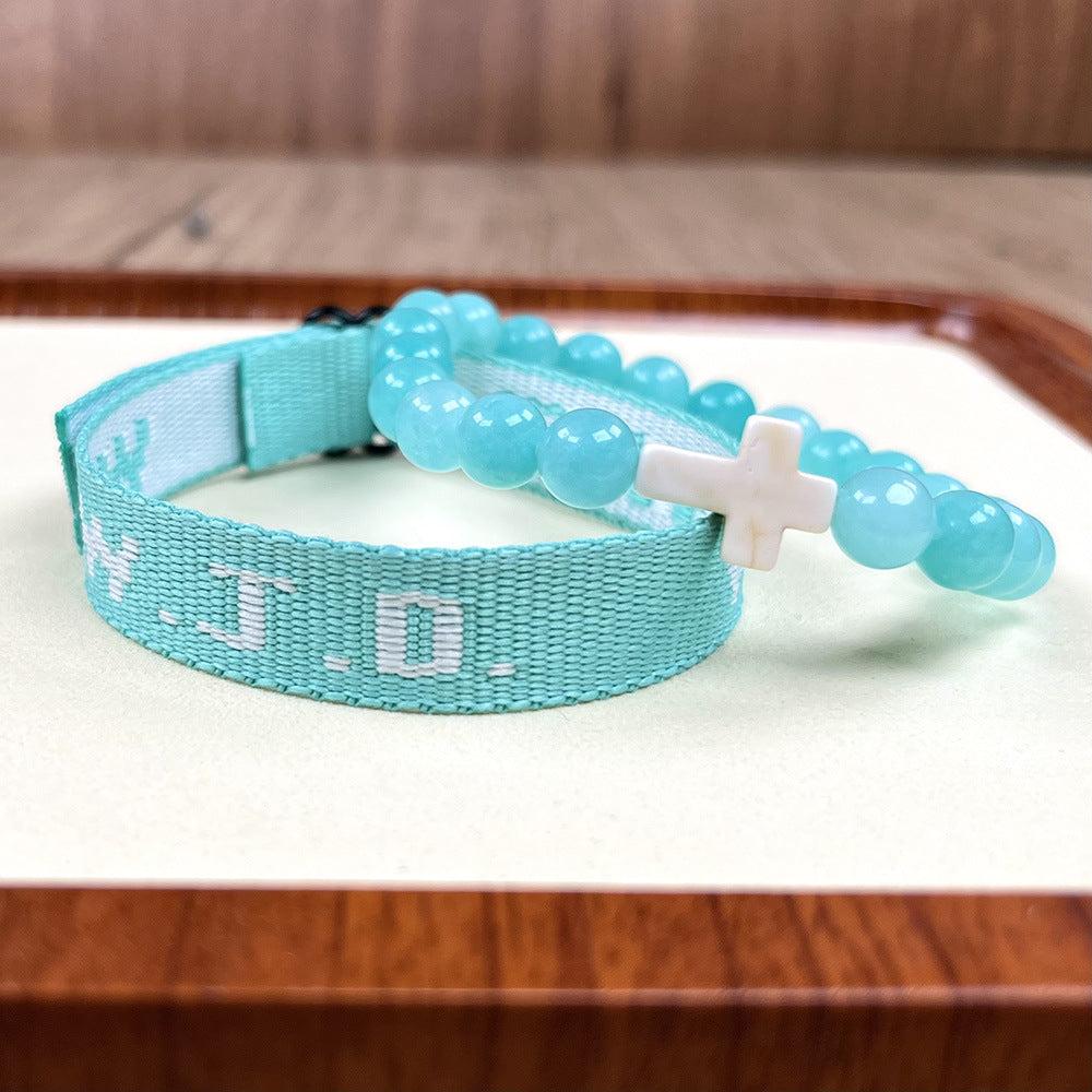 Wwjd Letter 2-piece Set Natural Stone Braided Bracelet Punk