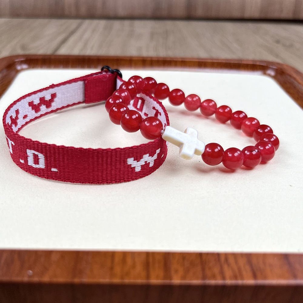 Wwjd Letter 2-piece Set Natural Stone Braided Bracelet Punk