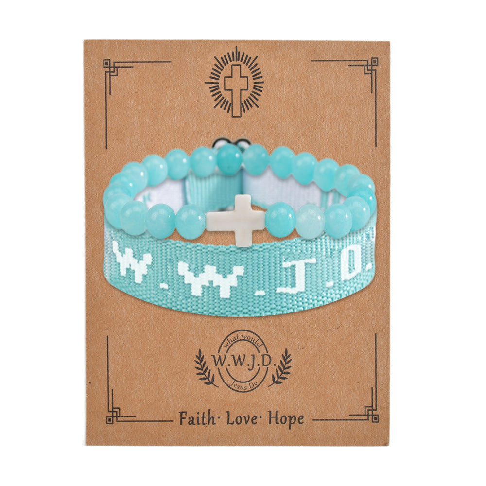 Wwjd Letter 2-piece Set Natural Stone Braided Bracelet Punk