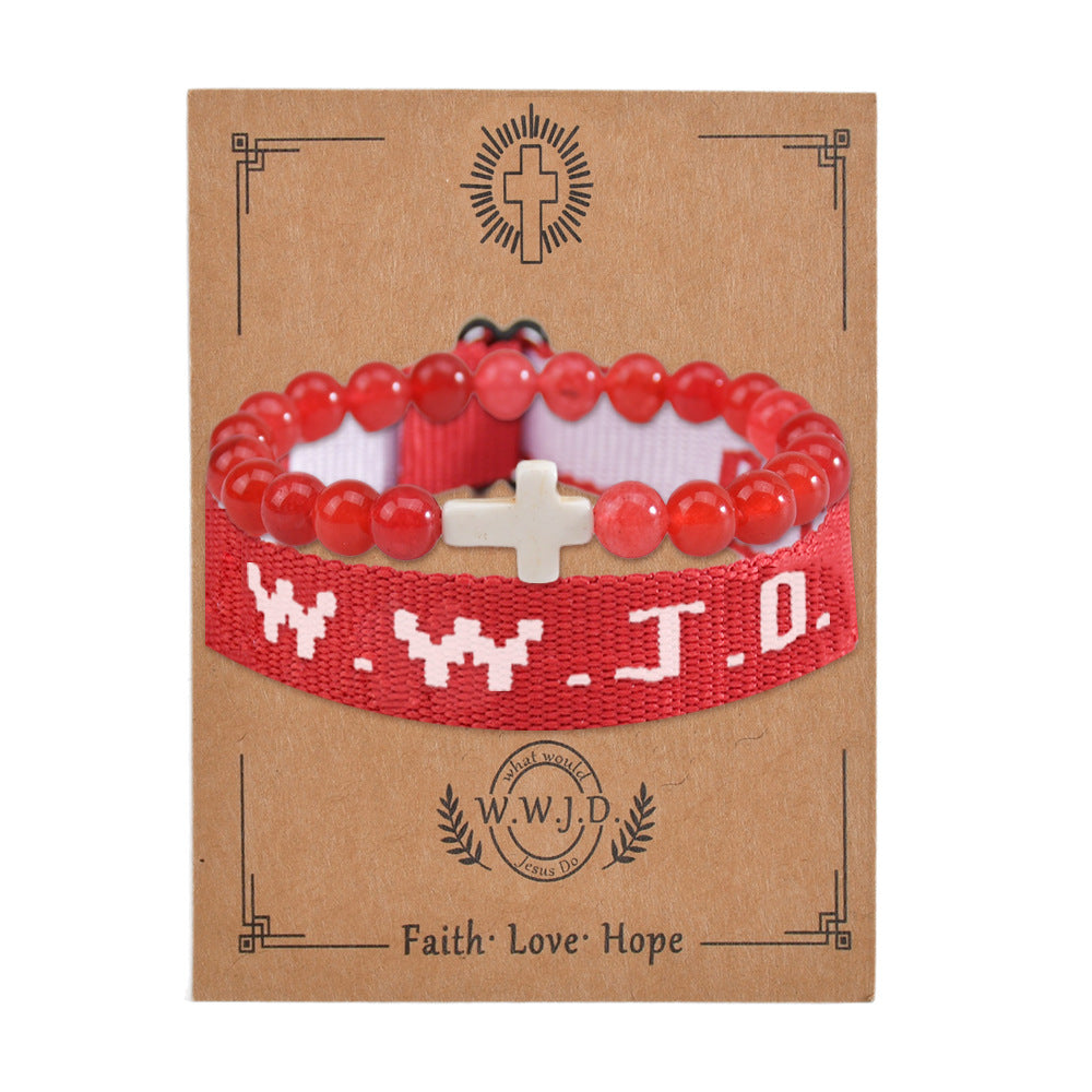 Wwjd Letter 2-piece Set Natural Stone Braided Bracelet Punk