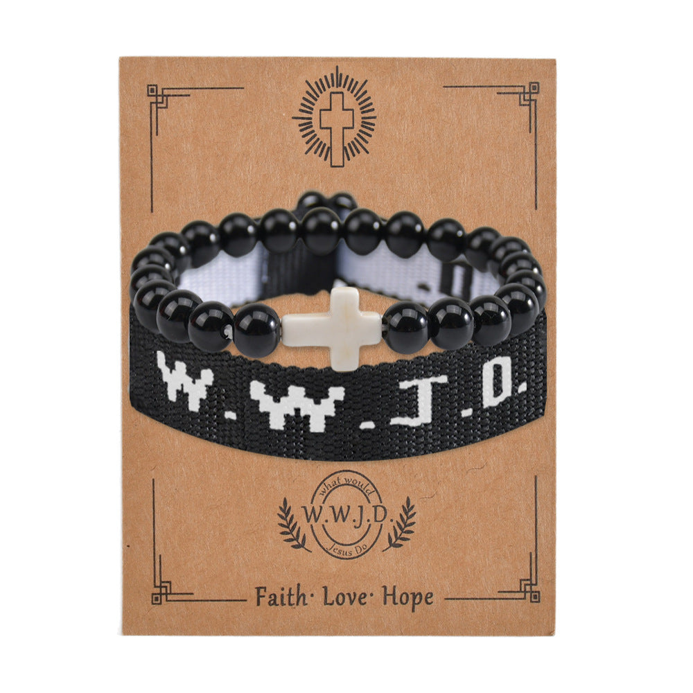 Wwjd Letter 2-piece Set Natural Stone Braided Bracelet Punk