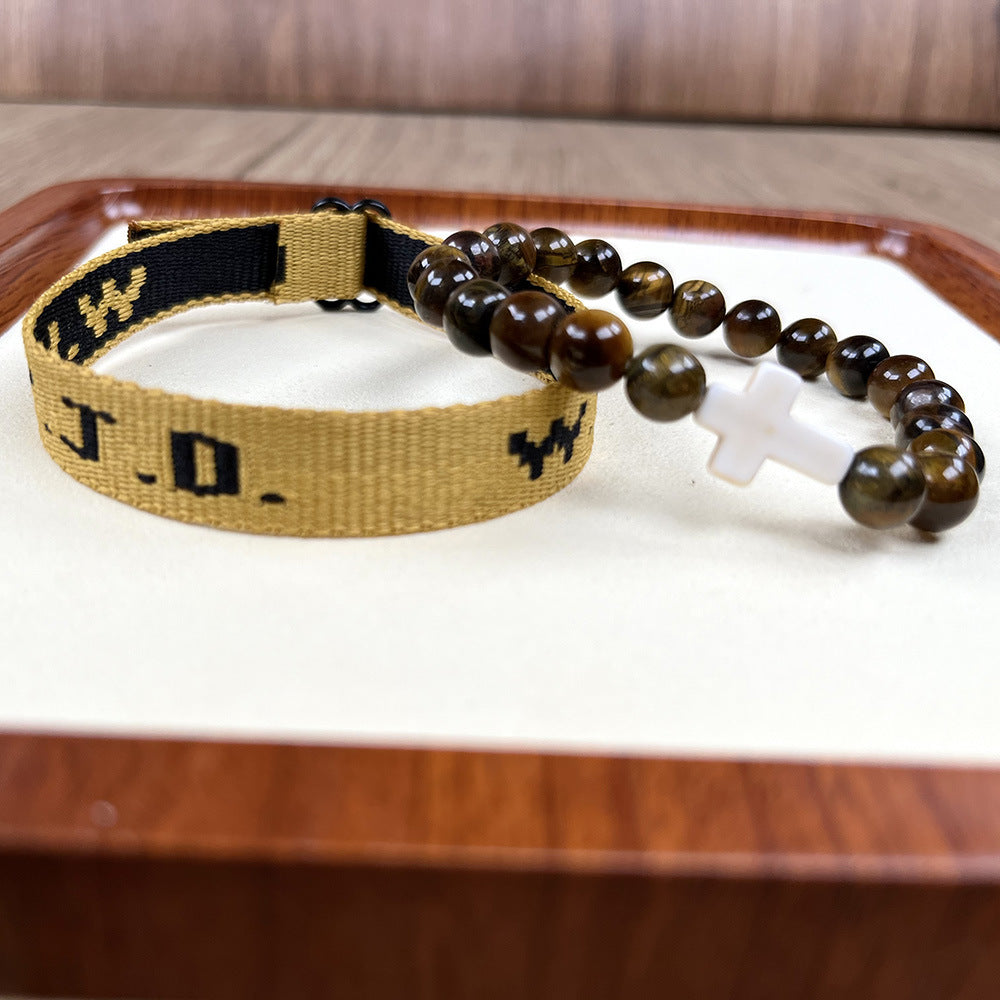 Wwjd Letter 2-piece Set Natural Stone Braided Bracelet Punk