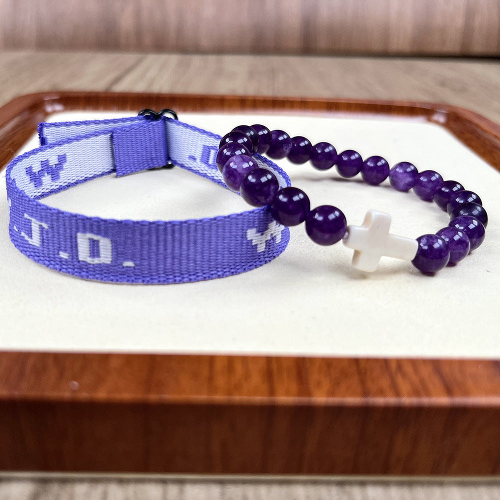 Wwjd Letter 2-piece Set Natural Stone Braided Bracelet Punk